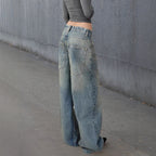 Autumn Winter Retro Distressed Dirty Pants High Waist Straight Loose Wide Leg Jeans