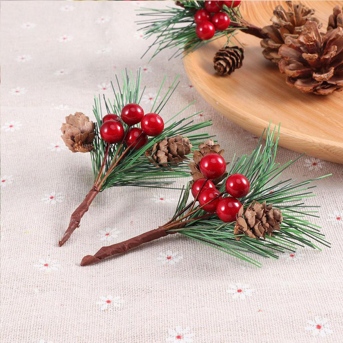 10Pcs Christmas Artificial Pine Picks Christmas Simulation Pine Needle Fake Mini Berries Pinecones For DIY Garland Flower Arrangements Holiday Wreaths Wedding Garden Xmas Tree Decorations - The Premium