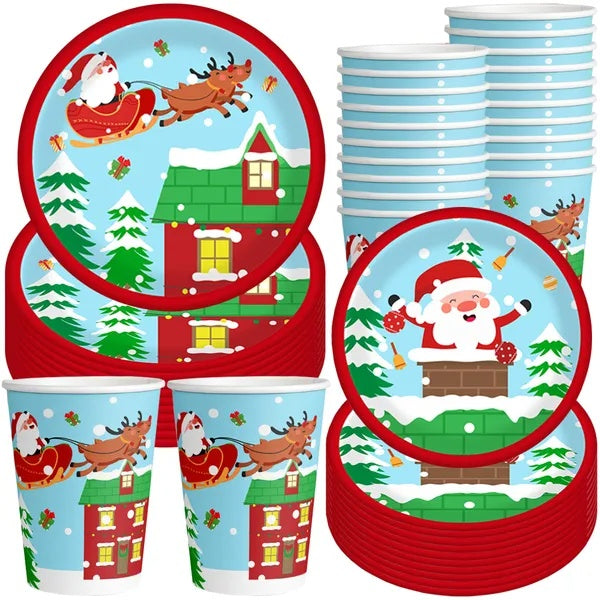 Christmas Paper Plates And Cups Set Decorations For 10 Guests Santa Claus Elk Pattern Plates And Cups