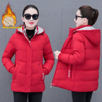 Winter Fleece-lined Thick Middle-aged Mom's Lamb Fleece Hooded Down Cotton Coat For Women