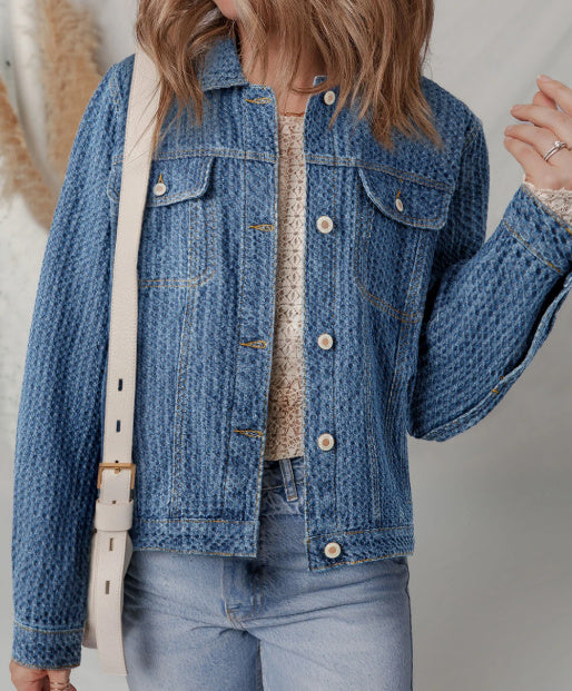 Blue Double Flap Pocket Denim Textured Button Down Jacket
