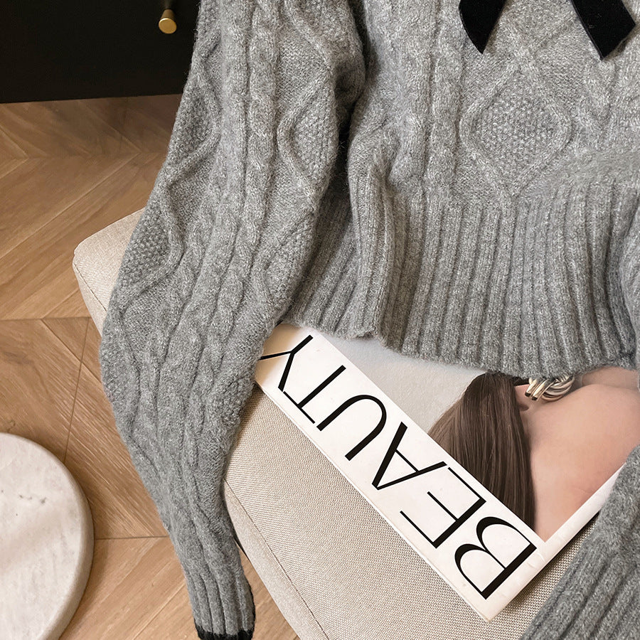 Women's Lapel Short Bow Knit Sweater