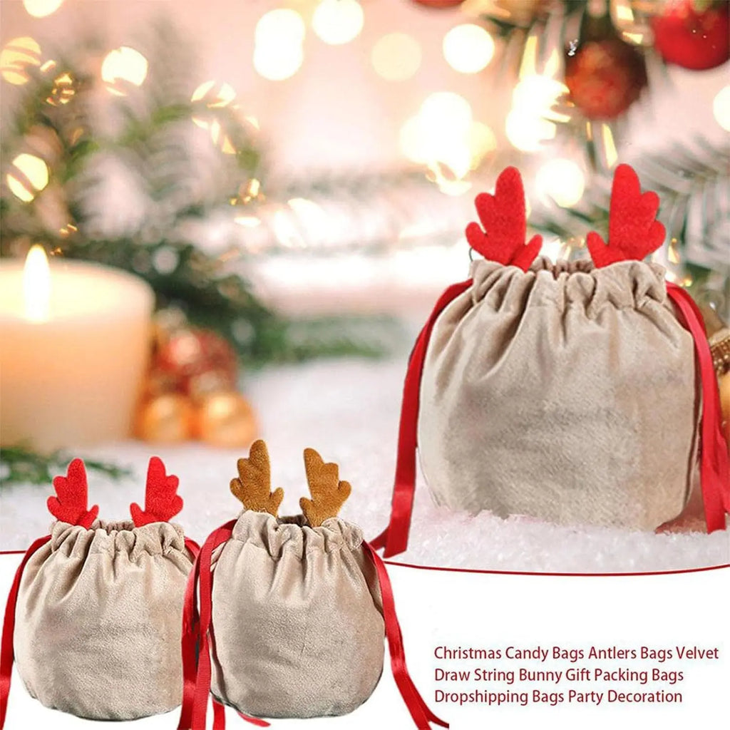 5 Pcs Christmas Velvet Drawstring Candy Gift Bags With Antlers 2 Styles Mini Xmas Present Pouch 7x5 Inch Santa Gift Wrapping Bags - The Premium