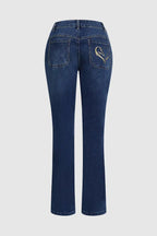 Gold Embroidered Horse Flare Jeans High-Waisted Dark Wash, Retro Western Cowgirl Chic, Festival Ready Must-Have Denim Pants
