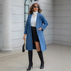 Blue Waist-tie Mid-length Women's Wool Coat