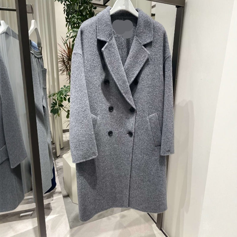 Gray Double Breasted Slimming Woolen Coat Outerwear