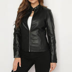 Women's Solid Color Long Sleeve Stand Collar Faux Leather Blazer - Single Button Zippered Jacket For Fall&Winter