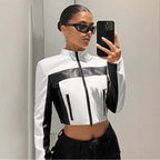 Black And White Contrast Color Leather Coat Women's Zipper Short Slim Jacket