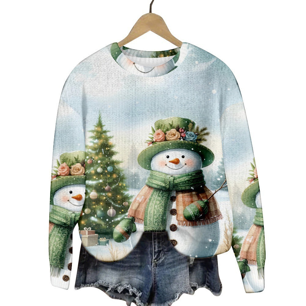 Christmas Cat Hat Snowflake Print Women's Round Neck Sweatshirt