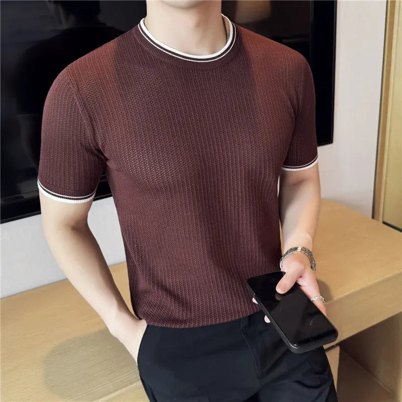 Men's Round Neck Contrast Color Stretch Knitted T-shirt - The Premium