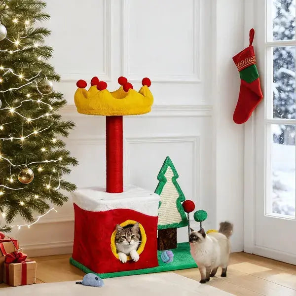 29.5in Christmas Themed Plush Cat Tree, Multi-level Cat Tower With Cat Condo, Top Crown Perch, Sisal Scratching Posts, Cat Pet Activity Center For Indoor Cats - The Premium