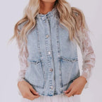 Fan-shaped Trim Patch Pocket Button Front Denim Vest