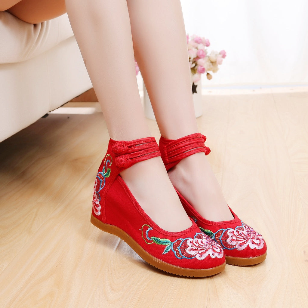 Women's Rhinestone Ethnic Style Double Buckle Canvas High Heels
