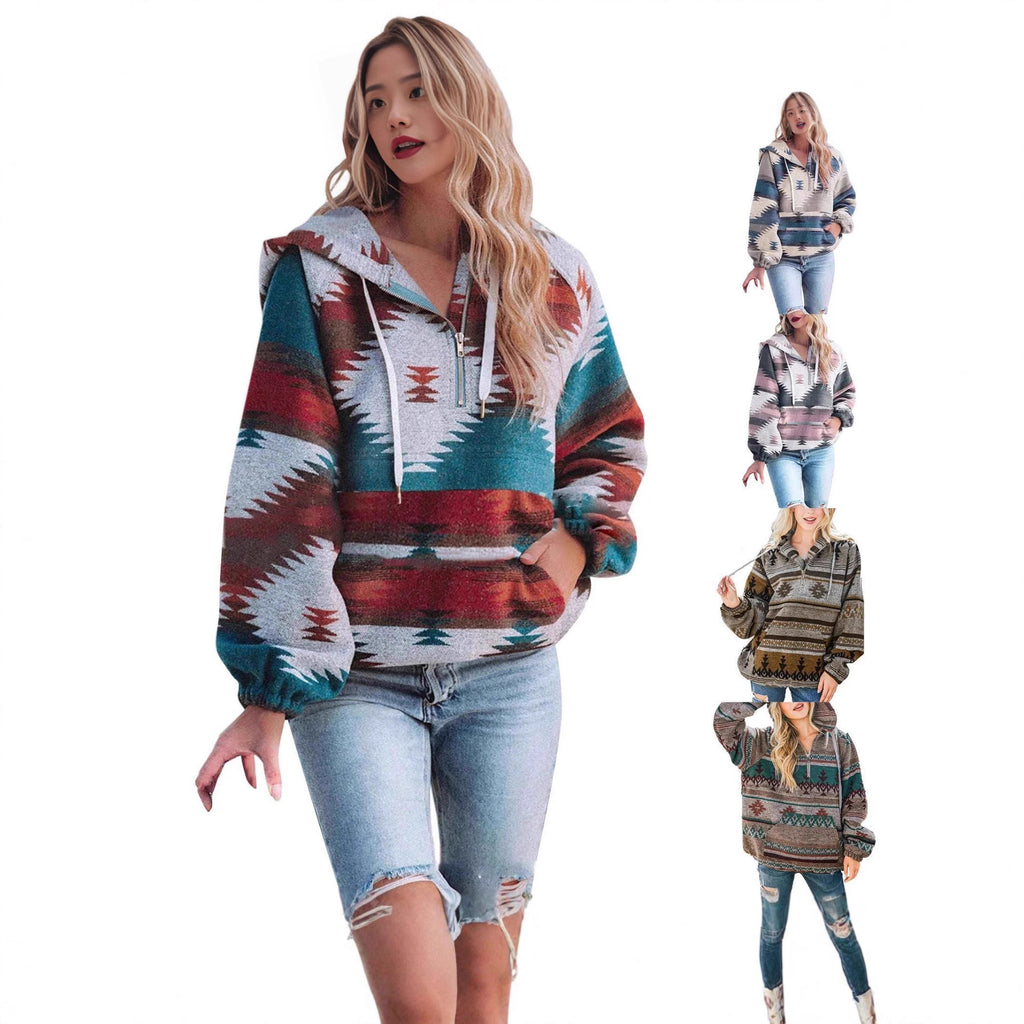 Women's Retro Fashion Half-Zip Long Sleeve Sweatshirt