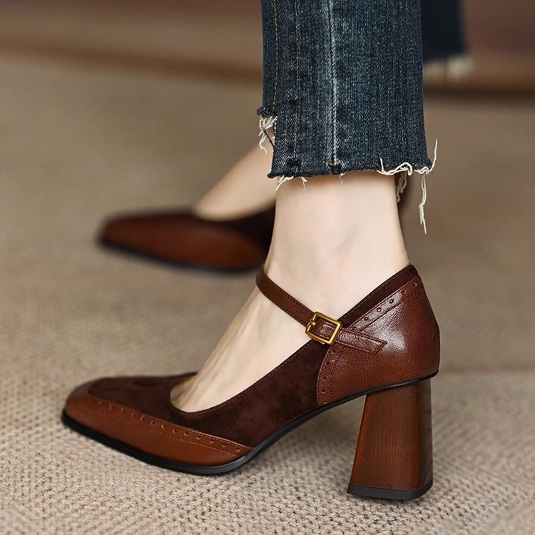 Patchwork Chunky Heel Buckle French Style Square Toe High Heel