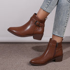 Retro Chunky Heel Studded Buckle Pointed Toe Martin Boots