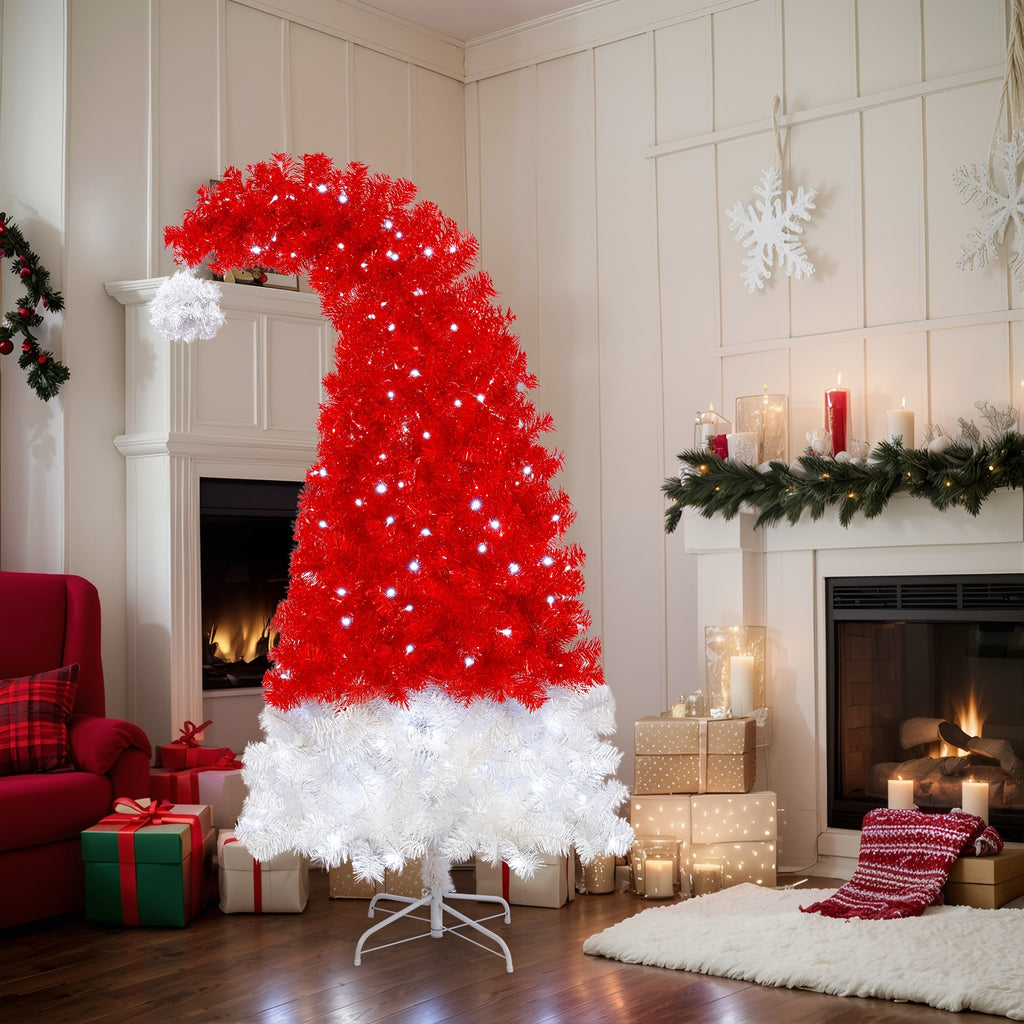 6FT Artificial Christmas Tree With LED Light, Santa's Hat Shape Artificial Whimsical Xmas Tree With 1050 Tip, Curved Xmax Tree - The Premium