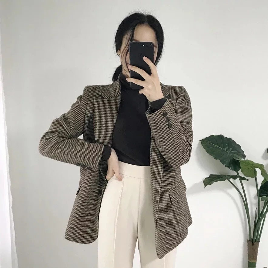 Houndstooth Retro Loose Slimming Woolen Blazer