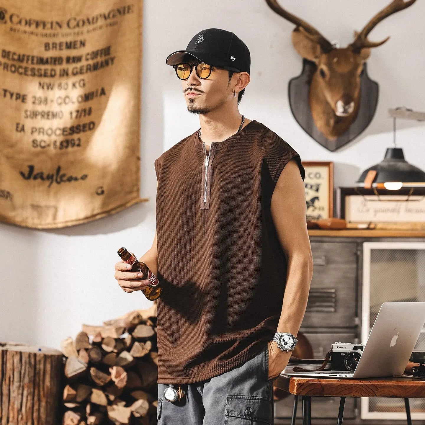 Vintage Zipper Sports Fitness Vest Men's Loose Waffle Texture Tough Guy T-shirt - The Premium