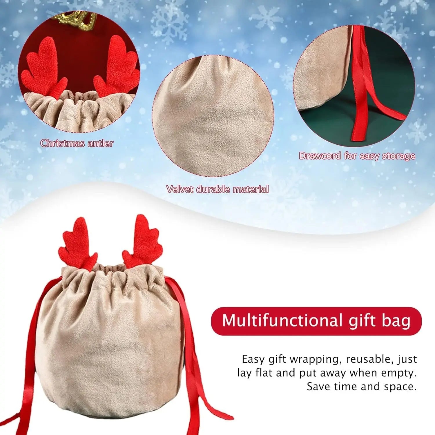 5 Pcs Christmas Velvet Drawstring Candy Gift Bags With Antlers 2 Styles Mini Xmas Present Pouch 7x5 Inch Santa Gift Wrapping Bags - The Premium