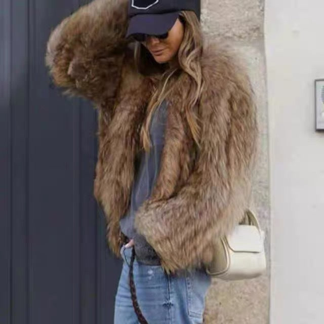 Elegant Polyester Fur Overcoat Coat