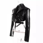 Full Open Cross Lace-up Waist-controlled Chest-flattering Long Sleeve PU Leather Short Coat