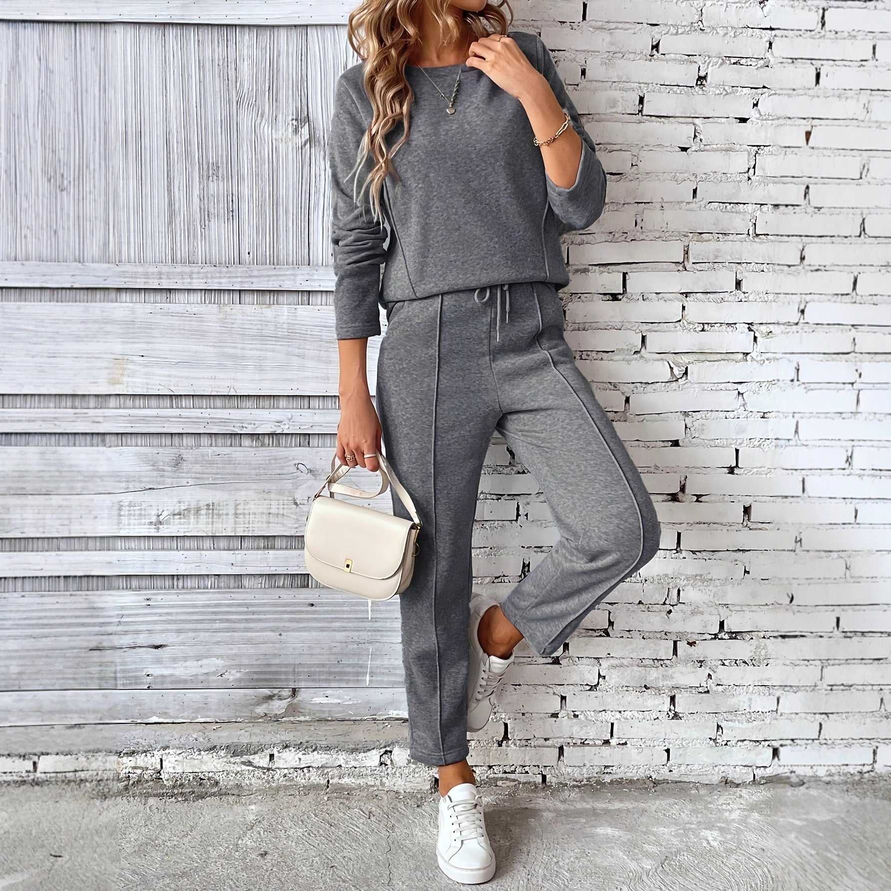 Round-neck Fashionable Top Hoodie Pocket Casual Straight-leg Pants Women's Clothing