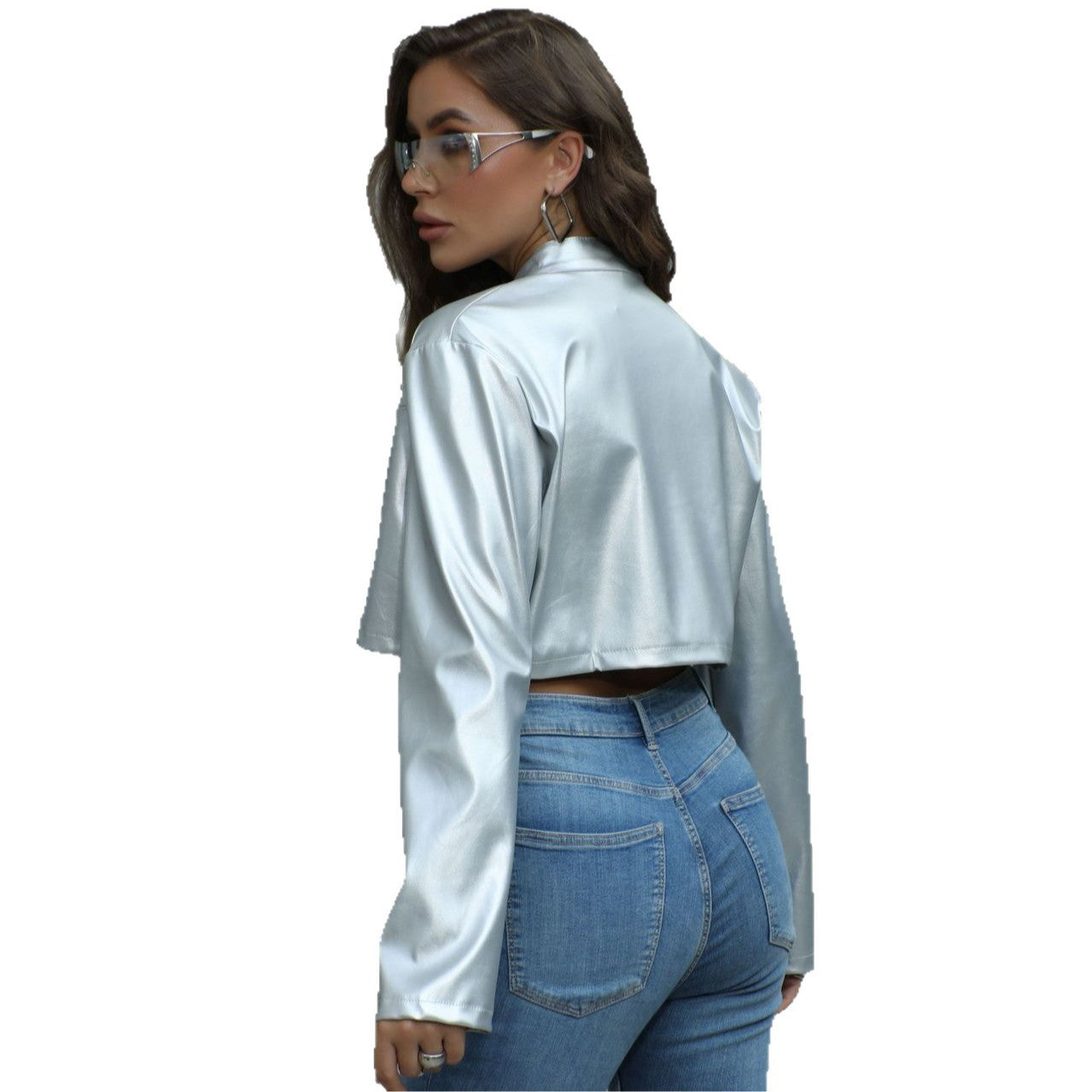 Women's Fashion Metallic Stand-collar Zipper Jacket