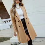 Women's Solid Color Double-Breasted Wool-Like Coat Notch Lapel Long Sleeve Mid-Length Overcoat With Pockets