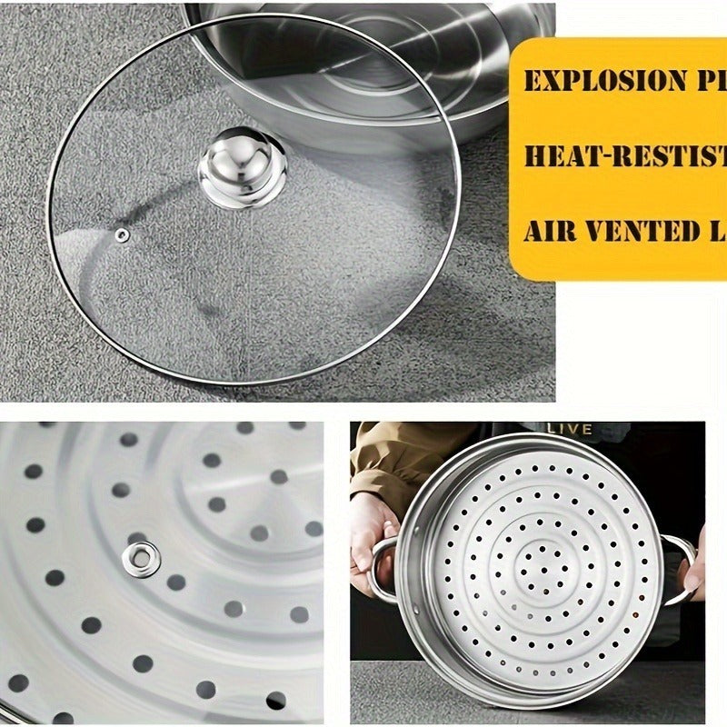 High Quality Stainless Steel Steamer Set - Double-layer Thickened Design, Suitable For Induction Cookers And Gas Stoves - Perfect For Cooking And Hospitality, Durable Household Kitchen Utensils