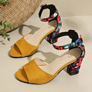 Women's Round Toe Hollow Ankle-strap Buckle Thick High Heel Sandals