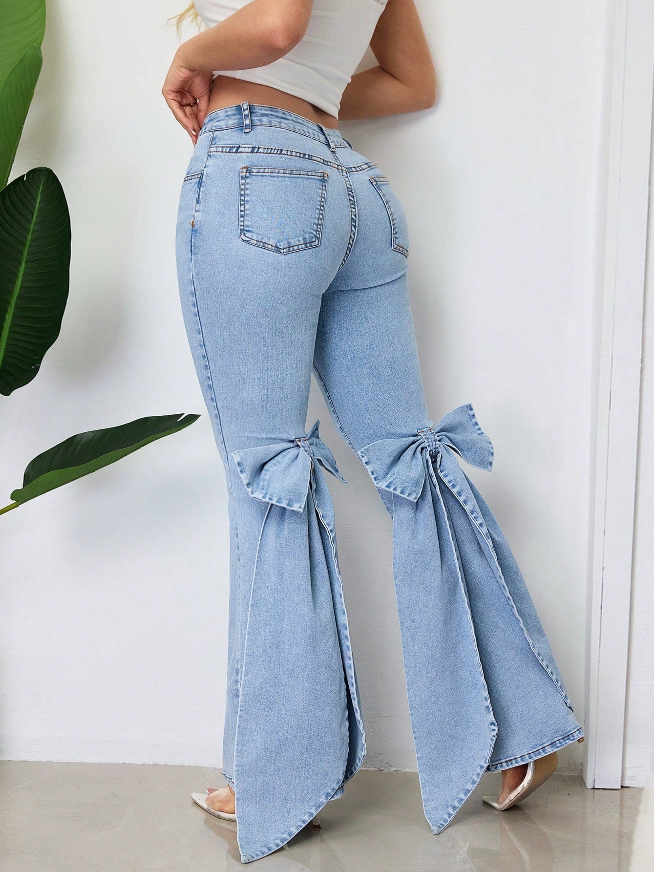 European And American Retro Three-dimensional Bow Slim-fit Mid-stretch Mop Horn Denim Trousers