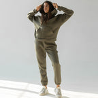 Casual Fleece-lined Hooded Sweatshirt And Pants Two-piece Set