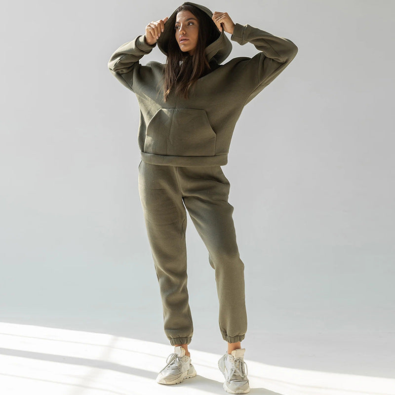 Casual Fleece-lined Hooded Sweatshirt And Pants Two-piece Set