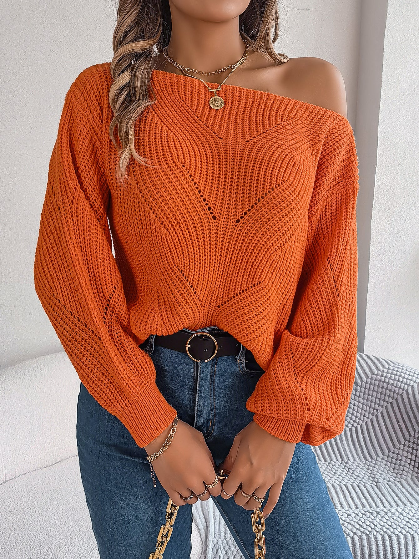 Casual Hollow Out Off-Shoulder Lantern Sleeve Sweater