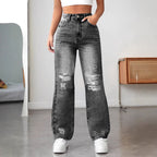 Ripped Straight Denim Women's Loose Trousers