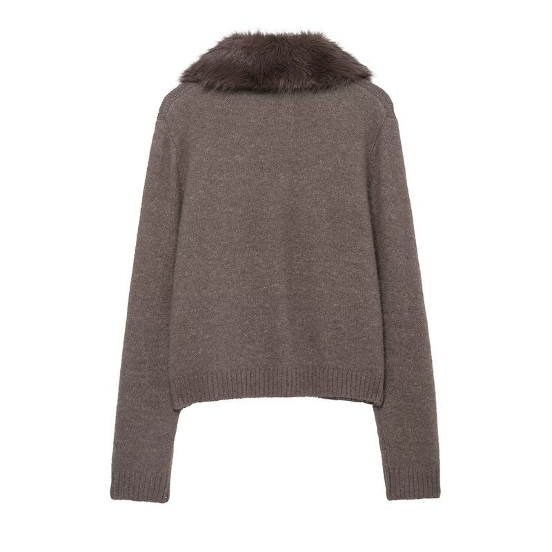 Faux Fur Effect Lapel Knitted Coat Women