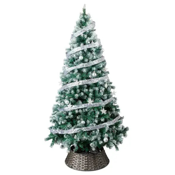 7.5 FT Artificial Snow Tipped Christmas Tree With DIY 350 Warm Lights Remote Control, Hinged Xmas Pine Tree With Silver Ribbon Ornaments For Holiday Party Office Home, Green & Snow Tipped - The Premium