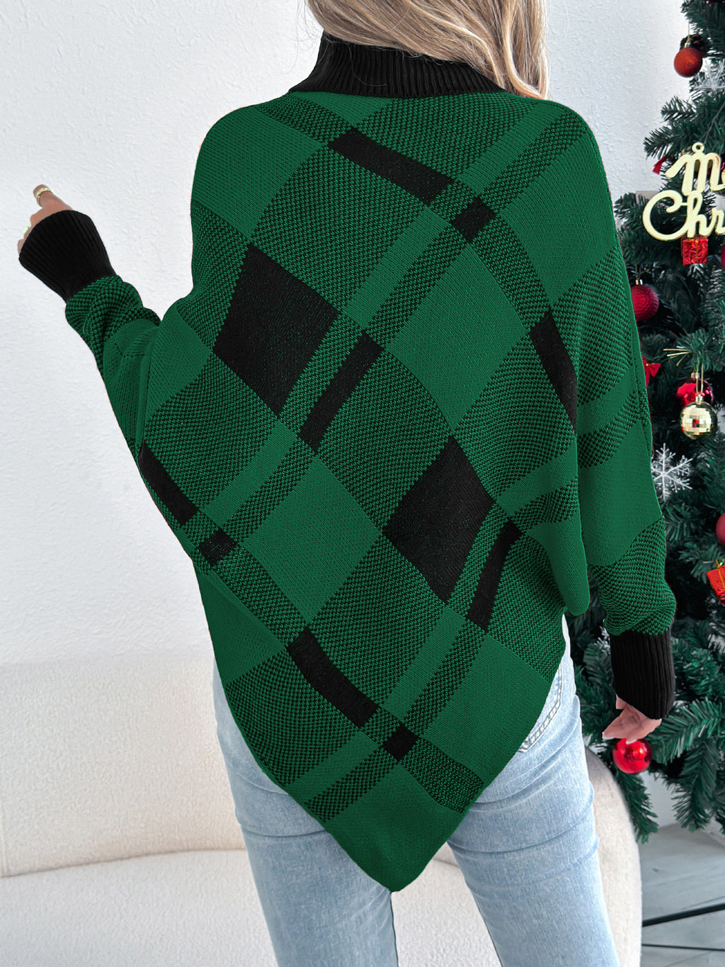 Casual Color Block Plaid High Neck Long Sleeve Poncho Sweater