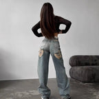 Retro Spicy High Waist Straight Mop Back Ripped Design Jeans
