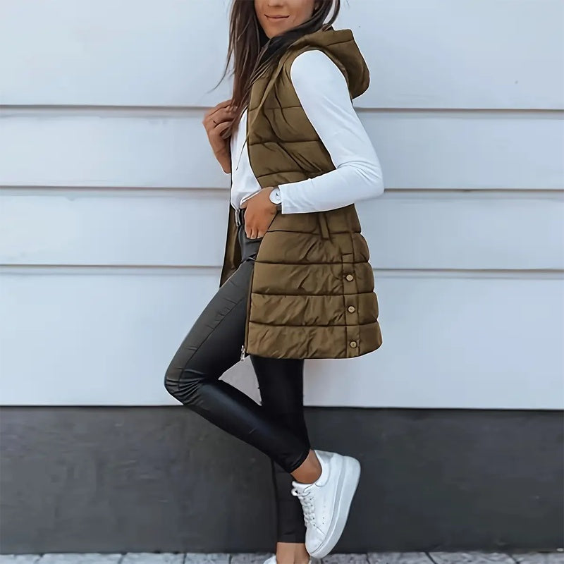 Women's Solid Color Sleeveless Hooded Vest, Mid-Length Zip-Front Waistcoat With Pockets For Spring And Fall Layering