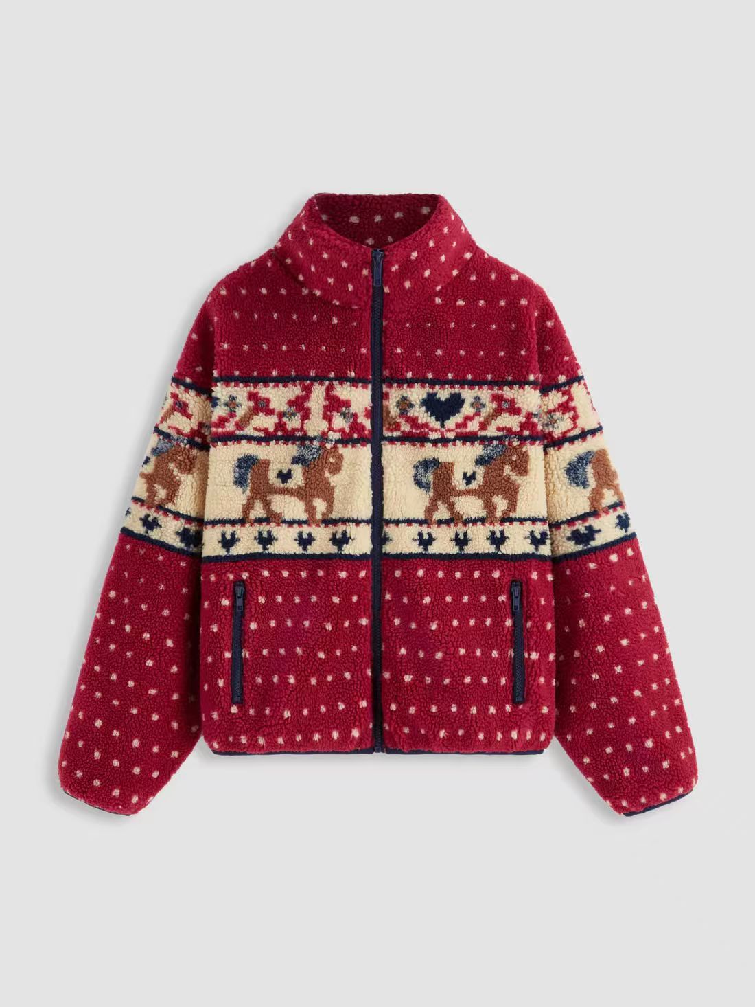 Christmas Long-sleeve Zipper Pocket Snowflake Moose Woolen Coat
