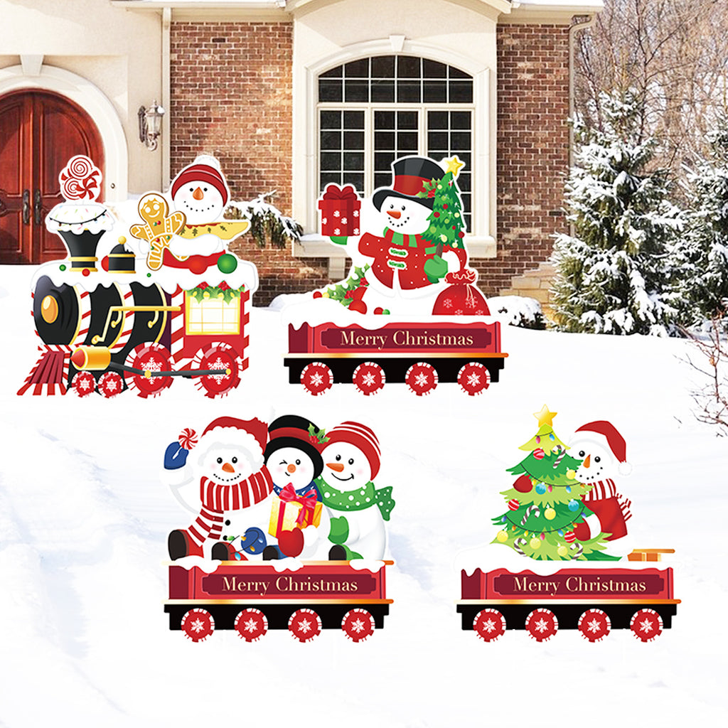 4 Pack Christmas Yard Signs With Plastic Stakes Xmas Train Snowman Christmas Tree Gift Lawn Signs For Yard Fence Garden Lawn Xmas Holiday Outside Decoration Supplies