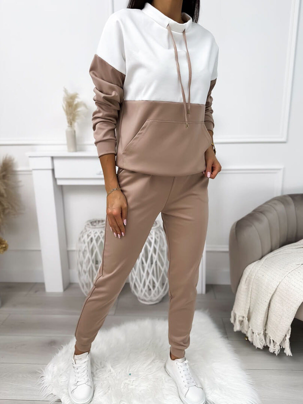 Drawstring Semi-high Neck Color Block Sporty Sweatshirt