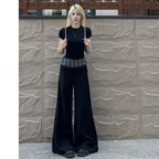 Women's High Waist Loose Plaid Patch Casual Wide Leg Pants