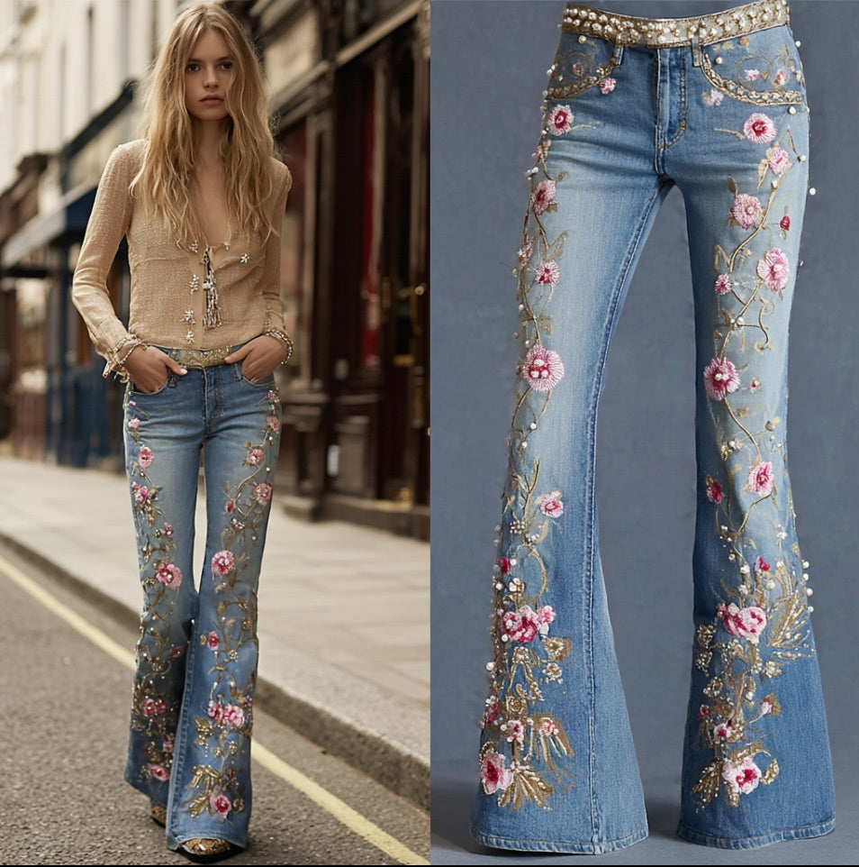 3D Digital Print Women's Fashion Slim Denim Bell-bottoms