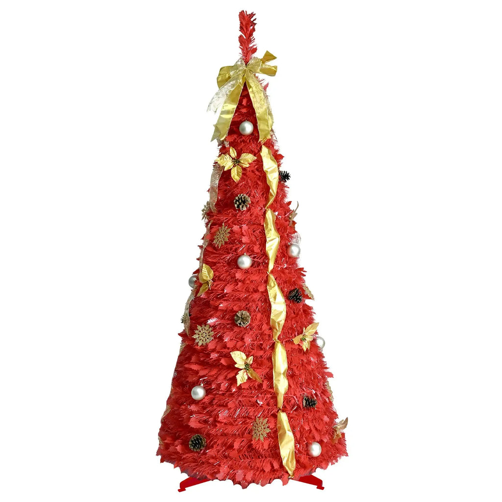 6-foot Red Pop-up Christmas Tree With 150 Warm White LED Lights, Fully Decorated, Easy To Assemble, Space-saving, Ideal For Small Spaces, Family Holiday Parties, And Fireplace Holiday Decorations - The Premium