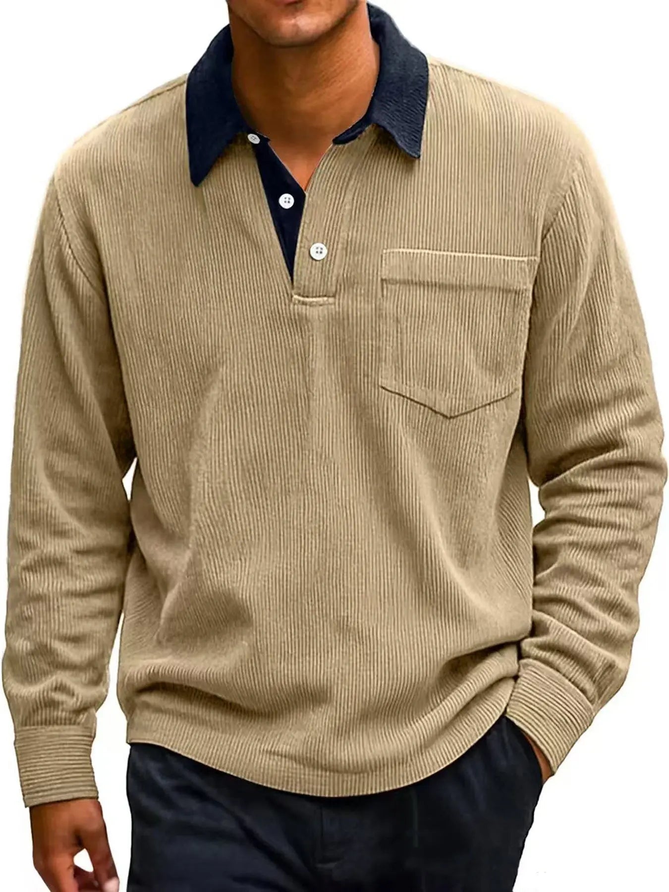 Men's Vintage Corduroy Button Long Sleeve Polo Shirt - The Premium