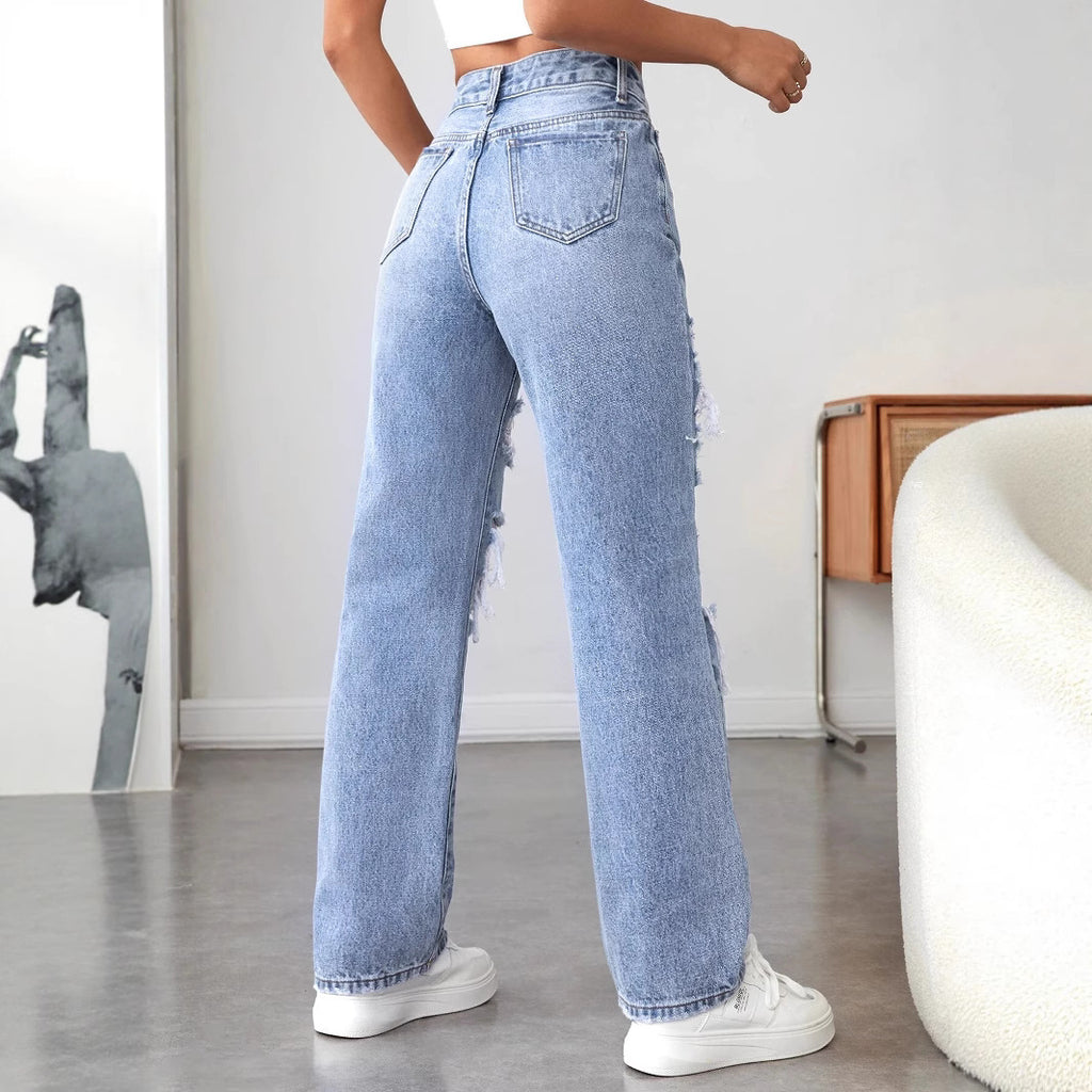 Ripped Straight Denim Women's Loose Trousers