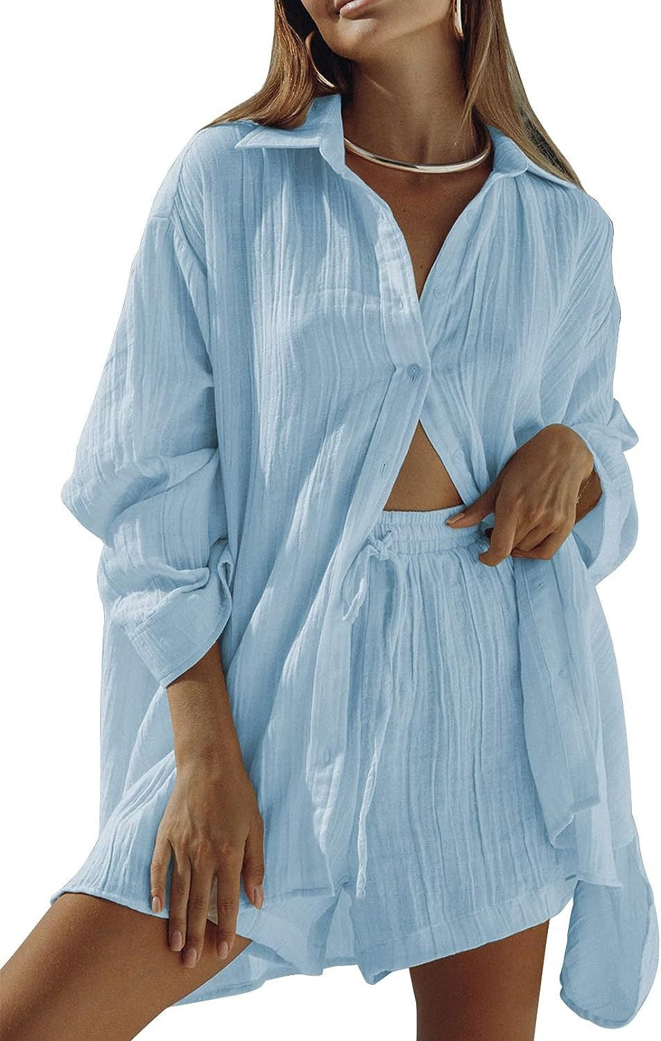 Women's Casual Long-sleeve Shirt And Shorts Set